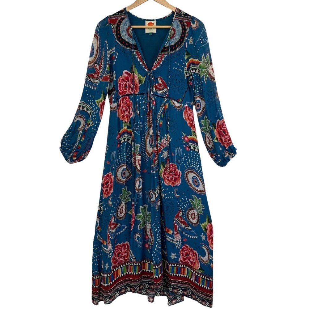 Farm Rio Midi Dress Womens XS Mystic Blue Psychedelic Festival Bohemian Vibrant